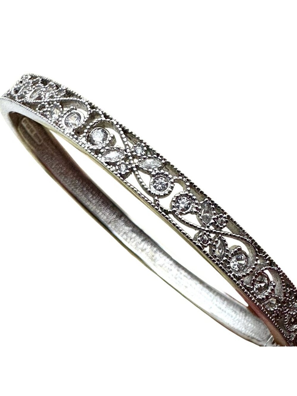 Sterling Silver Hinged Cuff Bracelet Cubic Zirconia 7 Inch